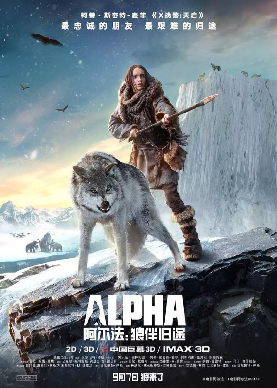 名称：阿尔法：狼伴归途 Alpha (2018)描述：故事开始于两万年前的欧洲北部，彼时正直冰川时期，科达（科迪·斯密特-麦菲Kodi Smit-McPhee 饰）是部落首领的儿子，在一次集体狩猎行动中，他不幸跌落了悬崖，音信全无