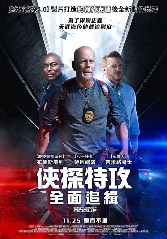 名称：警探奈特：侠盗 Detective Knight: Rogue (2022)描述：讲述老警探詹姆斯·奈特（布鲁斯·威利斯 饰）致力于守护洛杉矶的安宁，万圣节前夕，一群蒙面匪徒在城市作恶、重伤奈特的搭档
