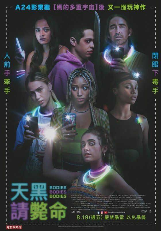 名称：尸体游戏 (2022) 4K HDR 中字外挂字幕描述：人前手牵手，闭眼下毒手！究竟谁才是真朋友、谁又是黑暗中的凶手？讲述一群朋友在偏远的周末派对上玩了一个名叫“Bodies Bodie Bodies”模拟谋杀的游戏，结果却发生了真正的谋杀