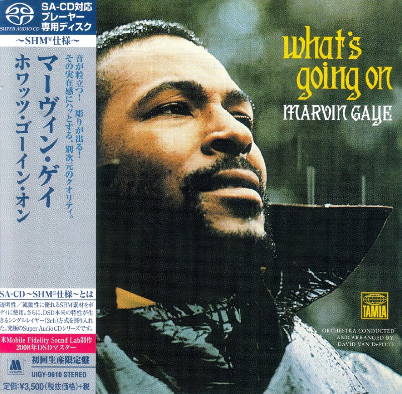 名称：UIGY 9610 Marvin Gaye What's Going On sacd描述：这张1971年发行的灵魂乐里程碑，是Marvin Gaye首度完全自制的概念专辑，以无缝组曲形式串联九首作品，告别Motown制式甜嗓，以温柔悲悯的声线直面越战、贫困、环境与种族议题