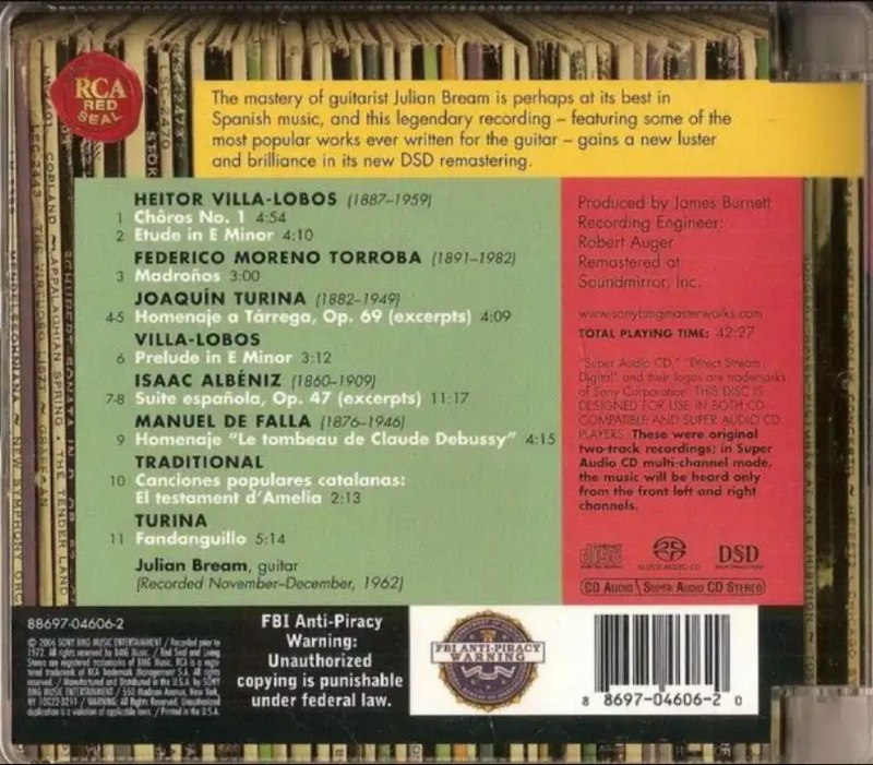 名称：朱利安布里姆(Julian Bream) - 1993年SACD系列 - 通俗西班牙吉他经典   DSD DSF描述：这张专辑是古典吉他大师朱利安·布里姆演奏通俗的吉他经典作品