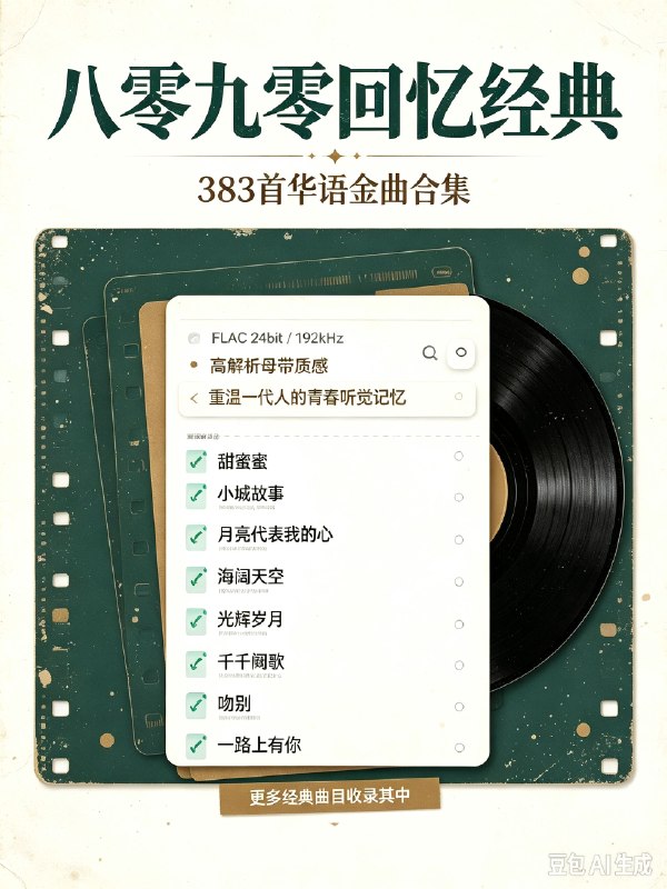 名称：八零九零回忆经典 歌曲 383首 FLAC 24bit 192khz描述：《八零九零回忆经典》合集共383首，FLAC 24bit/192kHz母带规格，收录华语黄金年代金曲，细腻还原人声与编曲，重温一代人的青春听觉记忆