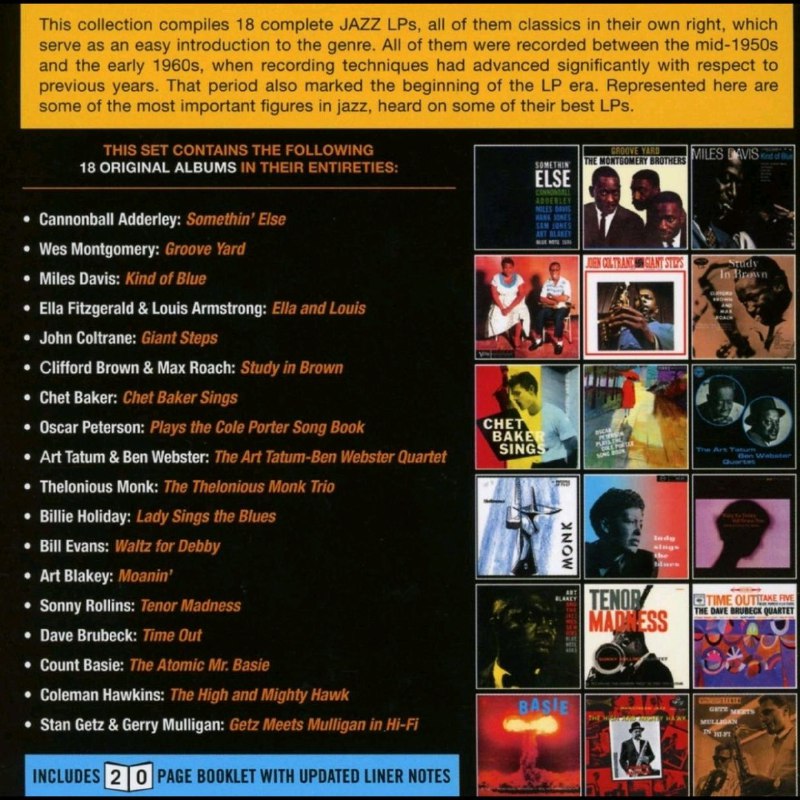 名称：An Easy Introduction to Jazz 爵士入门 10CD)- 2018 FLAC描述：2018年发行的《An Easy Introduction to Jazz - Top 18 Albums》，是10张CD+20页小册子的爵士乐入门精选